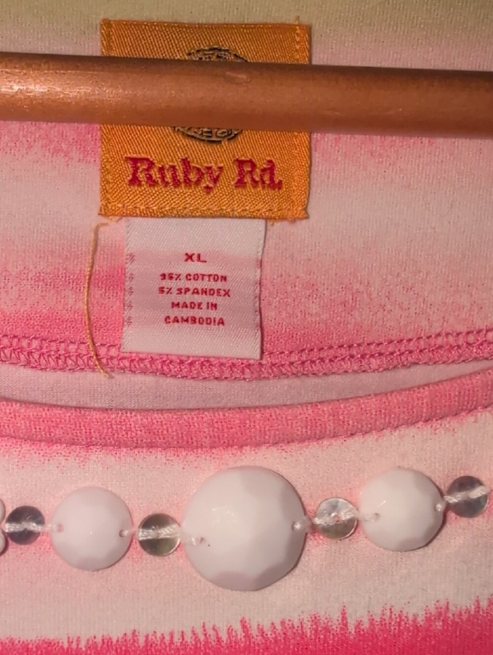 Ruby Rd. Pink, Green & White Striped Long Sleeve Top with Neck Embellishments - Picture 2 of 5